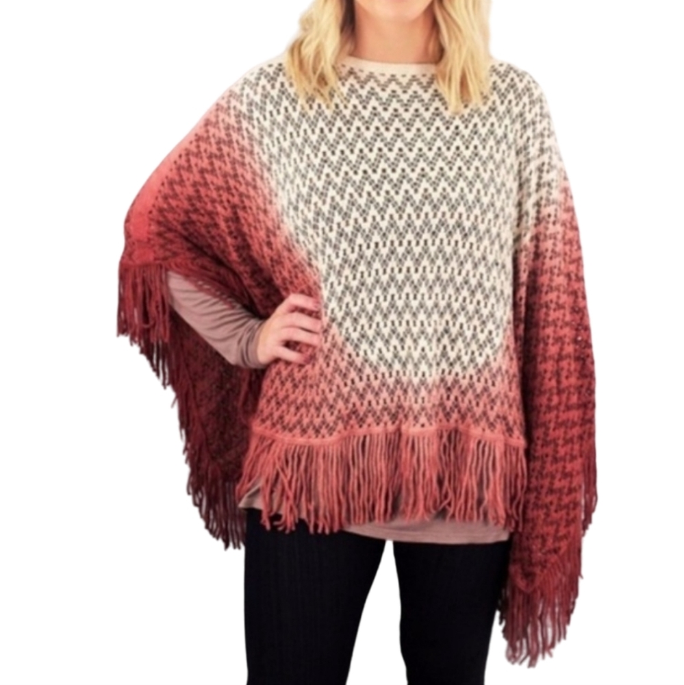 Rose Fading Chevron Fringed Poncho